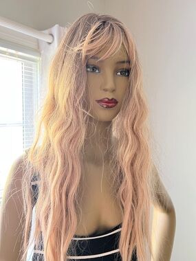 Amazon Women's Long Wavy Rose Blonde Wig with Fringe